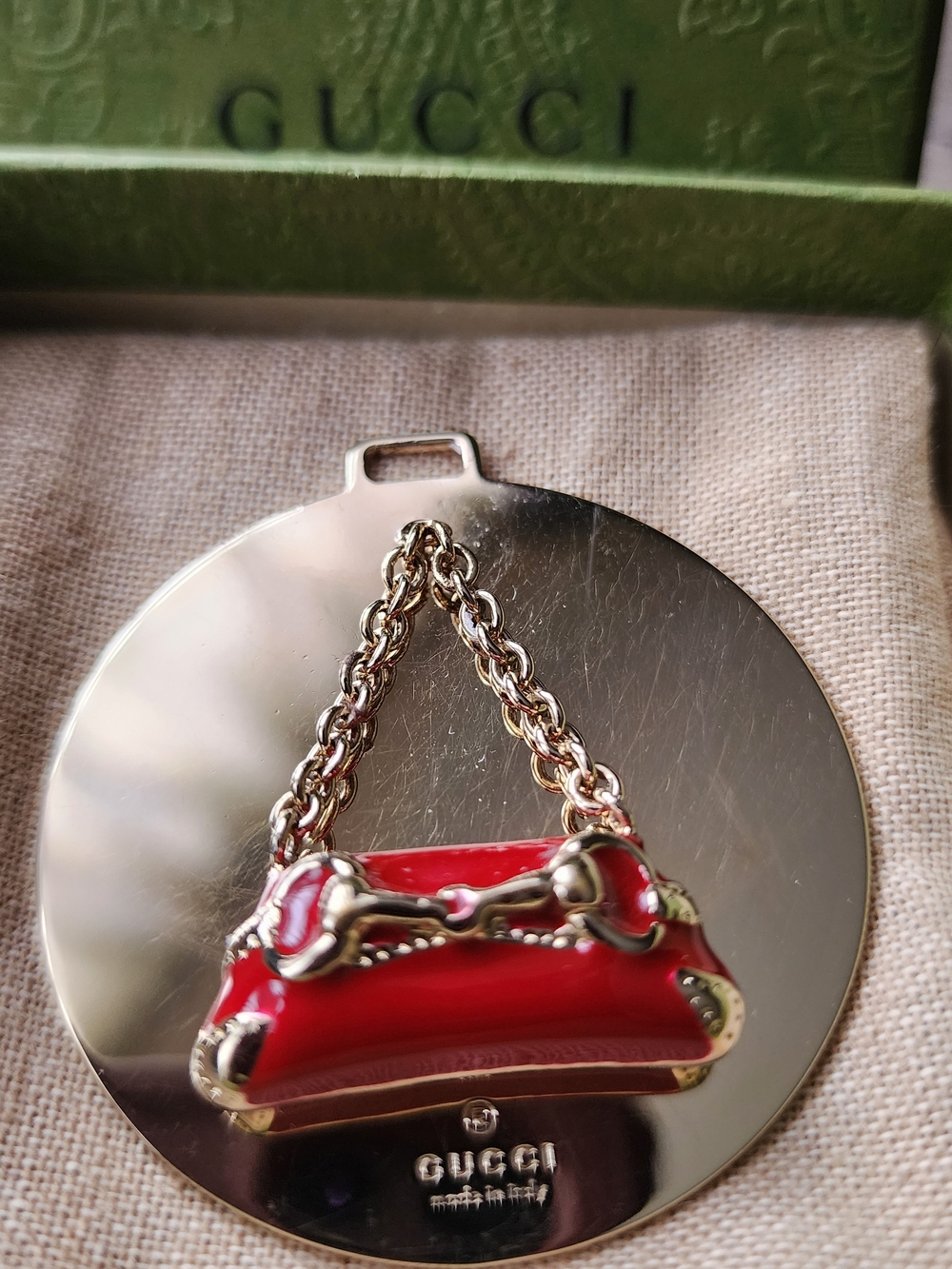 Gucci Red Enamel Mini Bag Charm with Gold Chain Dust Bag And Box